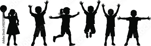 Group of active happy children playing, kids jumping and having fun, celebrating success, joyful childhood, black silhouette vector illustration, isolated on white background.