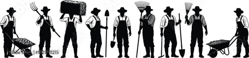 Group of black silhouette vector farmers standing in a row holding agricultural tools and wheelbarrows, isolated on white, farming teamwork concept.