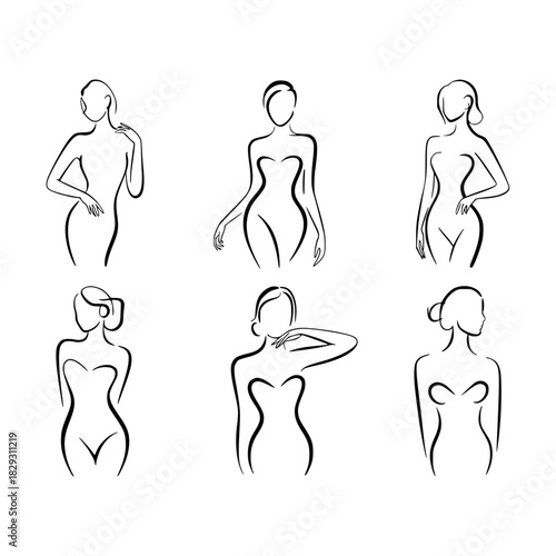 Silhouette of elegant women standing and walking, fashion female figure illustration, stylish women in dress and heels, modern vector art