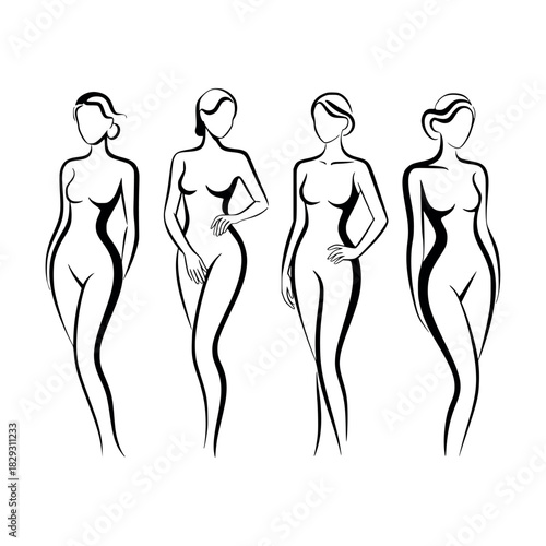 Silhouette of elegant women standing and walking, fashion female figure illustration, stylish women in dress and heels, modern vector art