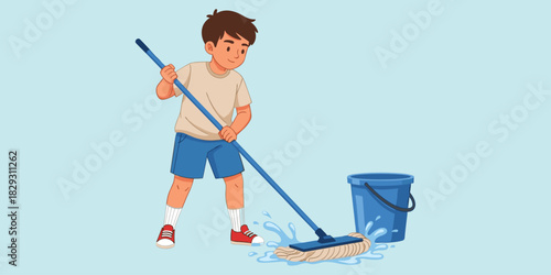 Child mopping floor, cleaning activity, household chore, water bucket, wet surface, hygiene habit, cartoon style, flat vector illustration