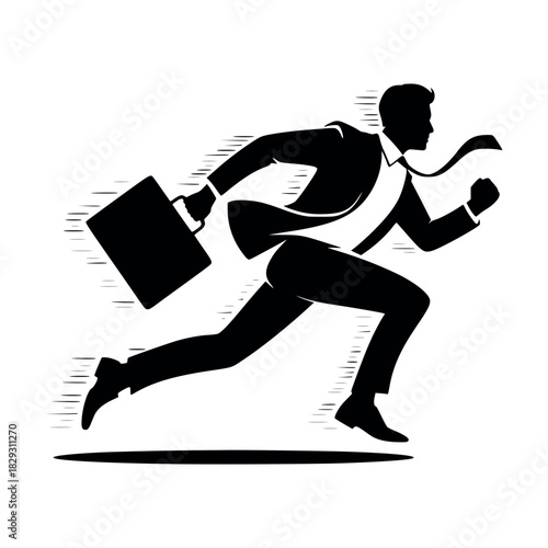 Businessman running late for work. Rushing with clock and briefcase. Deadline pressure and time management concept. Stressful job, urgency and challenge to finish on time.