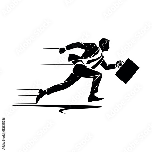 Businessman running late for work. Rushing with clock and briefcase. Deadline pressure and time management concept. Stressful job, urgency and challenge to finish on time.