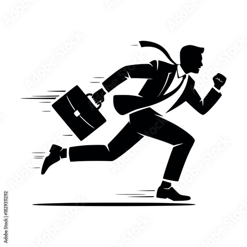 Businessman running late for work. Rushing with clock and briefcase. Deadline pressure and time management concept. Stressful job, urgency and challenge to finish on time.