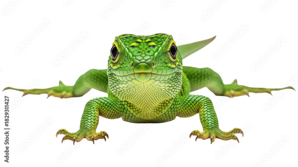 Fototapeta premium Vibrant green scaled lizard close-up, reptile looking directly isolated on transparent background