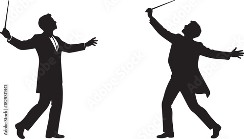 Two male orchestra conductors with batons, isolated on