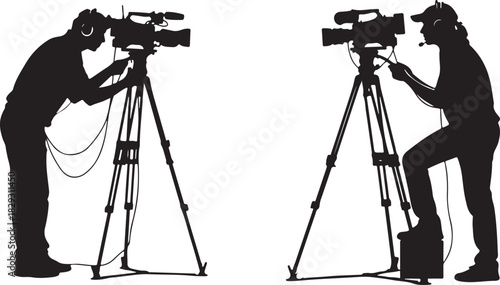 Cameramen operating video cameras on tripods, isolated on