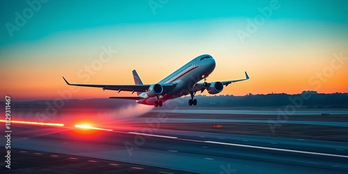 Airplane ascending, wheels leaving runway, contrail forming,  wings,  soaring
