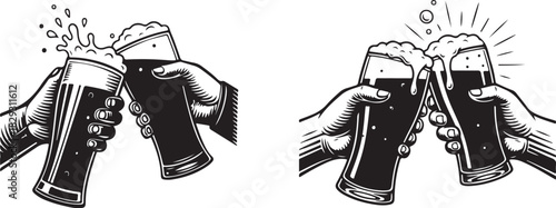 Hands toasting with beer glasses, celebration, isolated on