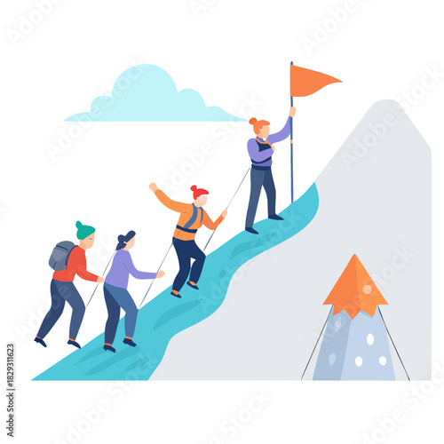 Woman and men climbing rope on snow mountain. Team of climbers with flag on summit, top or peak of rock, helping each other flat vector illustration. Hiking, success, extreme sport ... See More
