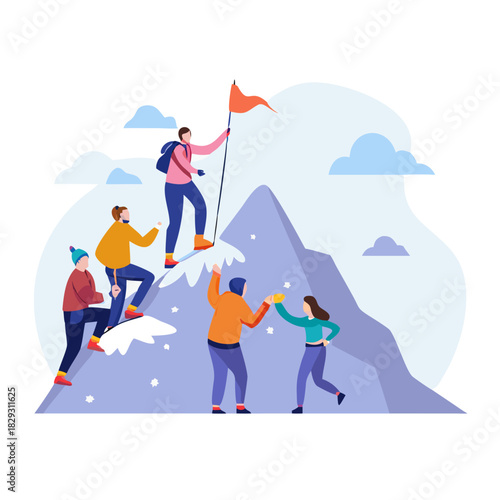 Woman and men climbing rope on snow mountain. Team of climbers with flag on summit, top or peak of rock, helping each other flat vector illustration. Hiking, success, extreme sport ... See More
