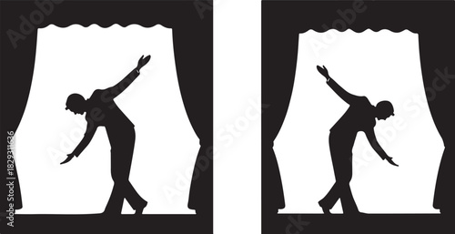 Two silhouettes of a person bowing on stage with curtains, isolated on