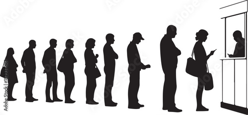 People waiting in a long queue at a service counter, isolated on