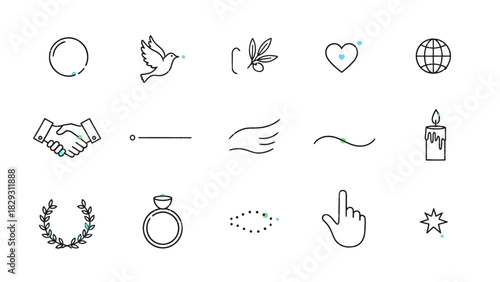 Collection of minimalist line art icons representing various concepts and symbols.