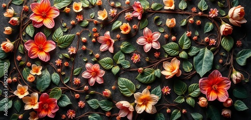 Intricate, swirling botanical design with delicate blooms and leaves,  illustration,  digital