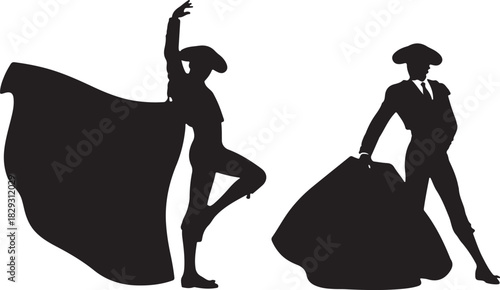 Two bullfighters in silhouette with capes, isolated on