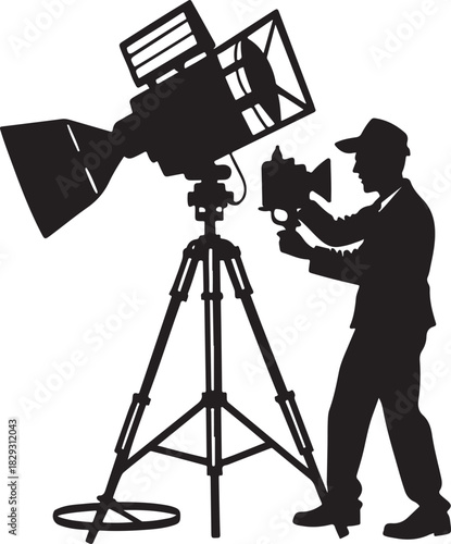 Cameraman silhouette operating a vintage film camera and light, isolated on