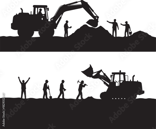 Silhouettes of construction workers and heavy equipment, isolated on