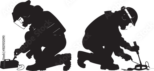 Silhouette of bomb disposal team defusing explosive devices, isolated on