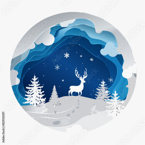 A serene winter landscape with a majestic deer standing amidst snow-covered trees under a starry night sky