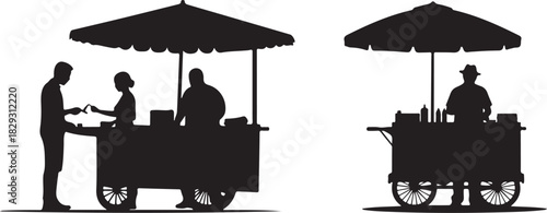Silhouettes of street food carts with vendors and customers isolated on