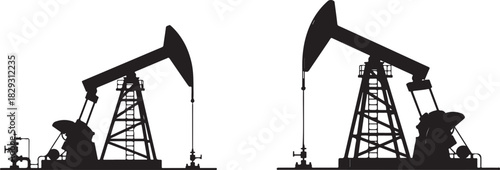 Oil pumpjack silhouettes for energy industry, isolated on