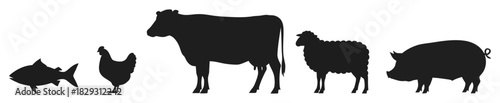 Livestock animal silhouettes Fish Chicken Cow Sheep and Pig icon set vector illustration