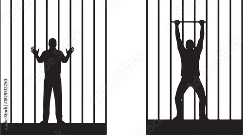 Silhouettes of men behind prison bars, isolated on