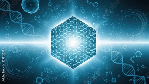 Luminous hexagonal core within a scientific blue field, adorned with DNA and molecular forms, representing genetic advancements, biotechnology, and abstract innovation