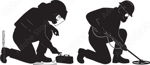 Bomb disposal expert and metal detectorist silhouettes isolated on