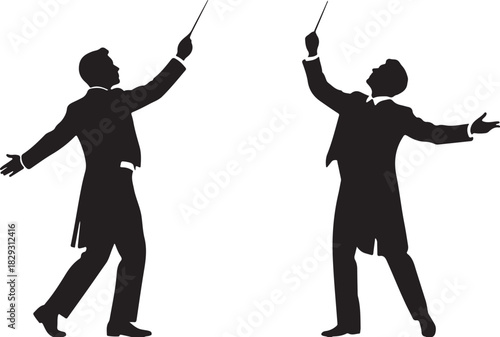 Two male orchestra conductors in silhouette, isolated on