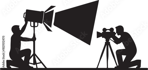Film crew setting up camera and light isolated on