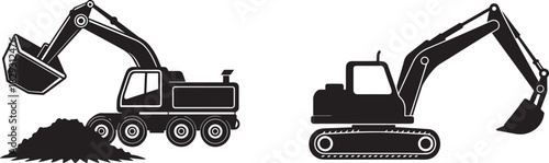 Heavy construction equipment, excavators loading dirt, isolated on