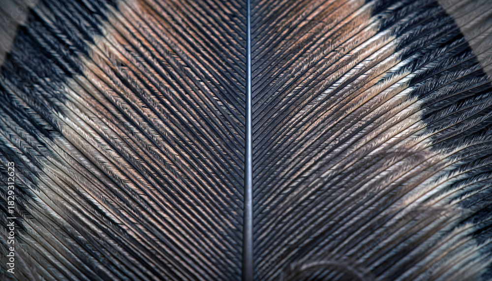 Obraz premium Extreme close-up macro view of a natural brown and gray bird feather showing intricate texture, barbs, and central rachis structure.