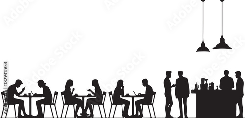 Silhouettes of people in a bustling cafe or restaurant, isolated on
