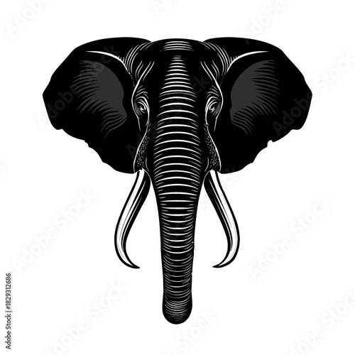 Elegant black and white elephant head vector illustration on white background