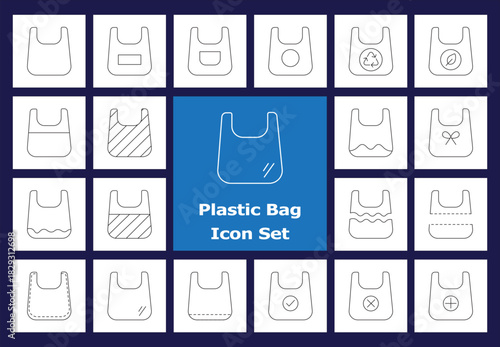 Outline Plastic Bag Line Icons. Thin Stroke Vectors of Shopping, Retail, Carry Bag, Recycling Symbol, and Packaging Container.