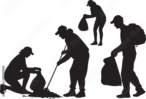 People silhouettes cleaning up trash and collecting waste, isolated on