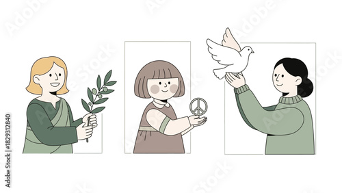 Three diverse women holding symbols of peace: an olive branch, a peace sign, and a dove.