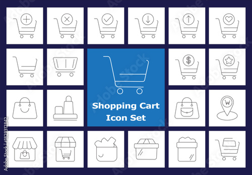 Outline Shopping Cart Line Icons. Thin Stroke Vectors of E-commerce, Retail, Basket, Storefront, Location, and Purchase Checkout Process.