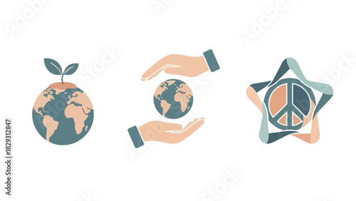 Set of three icons representing environmental care, global protection, and world peace on a white background.