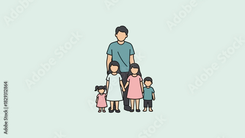 Illustration of a father standing with his four children.