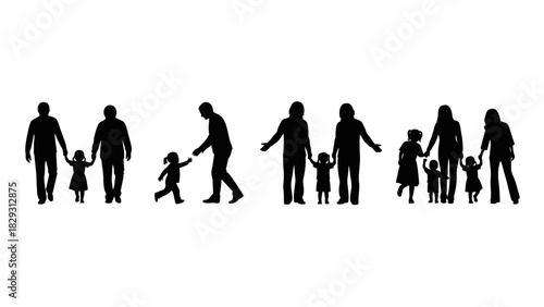 Silhouettes of families with children holding hands, walking together.