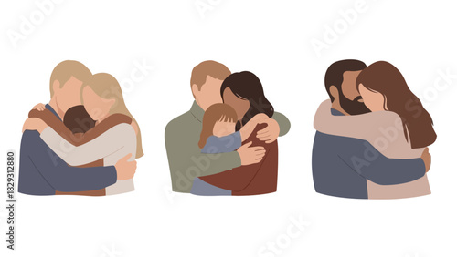Three illustrations depicting different groups of people embracing each other in a loving manner.