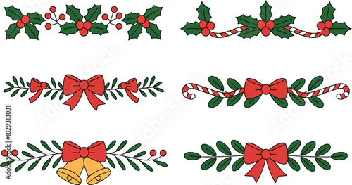 Festive Christmas Decorative Borders with Holly, Bows, Bells, and Candy Canes