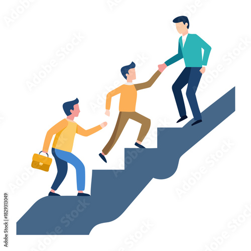 Employees giving hands and helping colleagues to walk upstairs. Team giving support, growing together. Vector illustration for teamwork, mentorship, cooperation concept See Less
