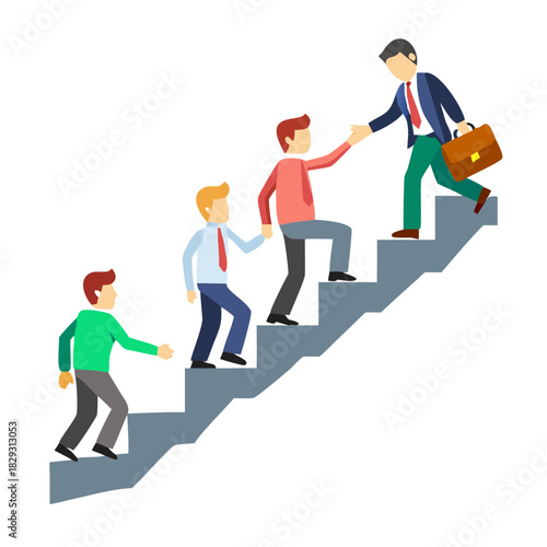 Employees giving hands and helping colleagues to walk upstairs. Team giving support, growing together. Vector illustration for teamwork, mentorship, cooperation concept See Less
