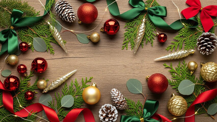Festive christmas decorations border on rustic wooden background with space, featuring red and green ribbons, baubles, and natural elements for holiday greetings.