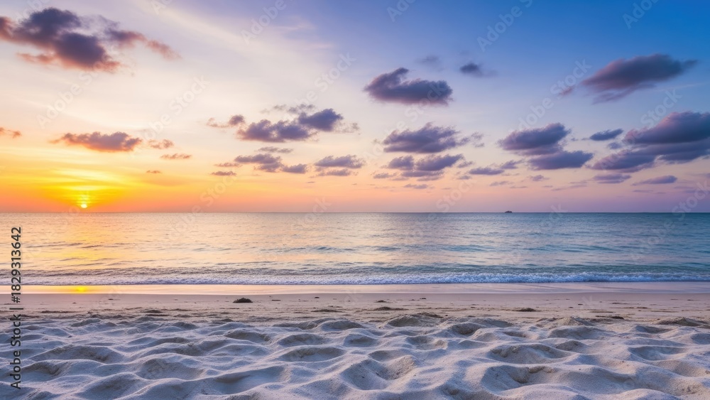 Obraz premium Breathtaking golden hour sunset casting vibrant colors across a tranquil tropical ocean and pristine sandy beach, evoking feelings of peace and natural wonder