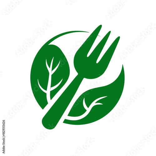 Green fork and leaf design representing healthy eating and vegetarianism